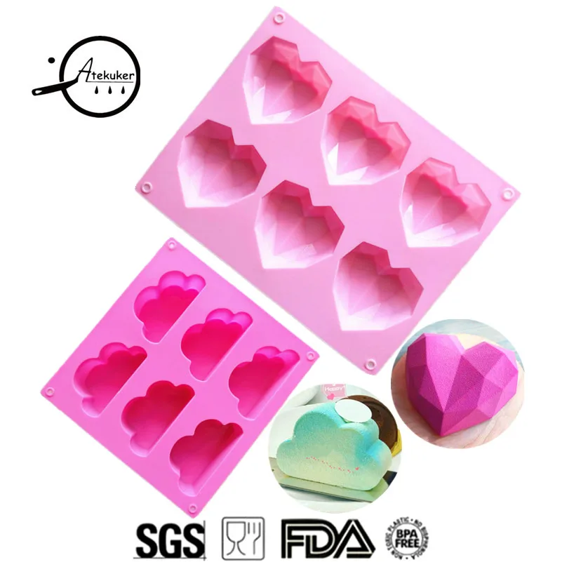 

Atekuker 2Pcs Diamond Heart Cloud Shape Silicone Cake Molds For Baking Pastry Tools Soap Form Mold For Plaster