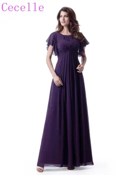 

2019 Grape Chiffon Modest Bridesmaid Dresses With flutter sleeves A-line Long Floor Formal Beach Bridesmaid Gowns Religious Wed