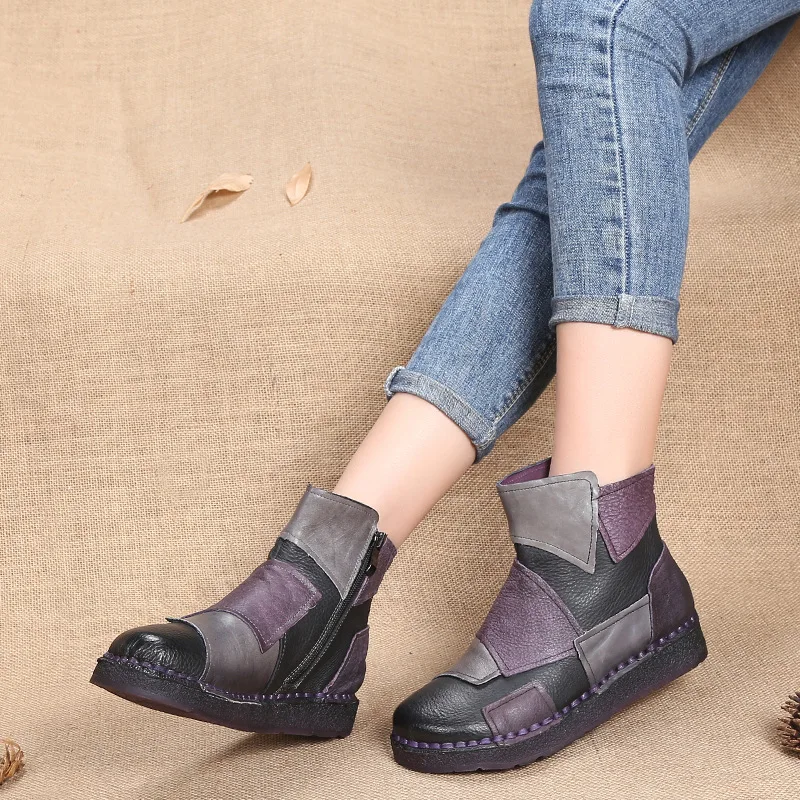 Mujer Mujeres Hecho A Las Primavera 2019 Tobillo Pisos Moda purple Botas Vintage Estilo De Stylesowner Mano Brown Cuero Zapatos Literario Genuino fT1wq858