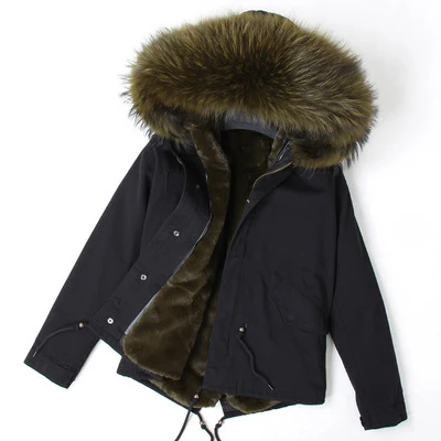 Зимняя куртка для женщин бренд 2019 реальные меховое пальто; парка енота меховой воротник искусственный мех лайнер свободные армейский