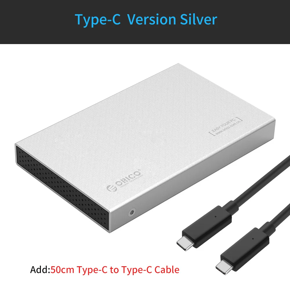 Чехол для жесткого диска ORICO из алюминиевого сплава USB3.1 Gen2 2,5 ''type-C с поддержкой 7 мм и 9,5 мм с кабелем 50 см C-C