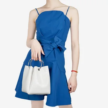 

Brand PU Leather Women Handbags Simple Bucket Design Tote For Ladies Metal Ring Vintage Shoulder Crossbody Bag Chic Party Clutch