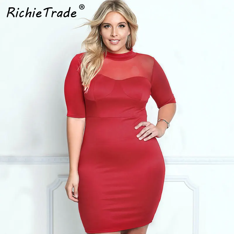 

RICHIETRADE Solid Red Women Dress Plus Size Round Neck Summer Dresses European Style 2017 New Fashion Slim Womens Dresses