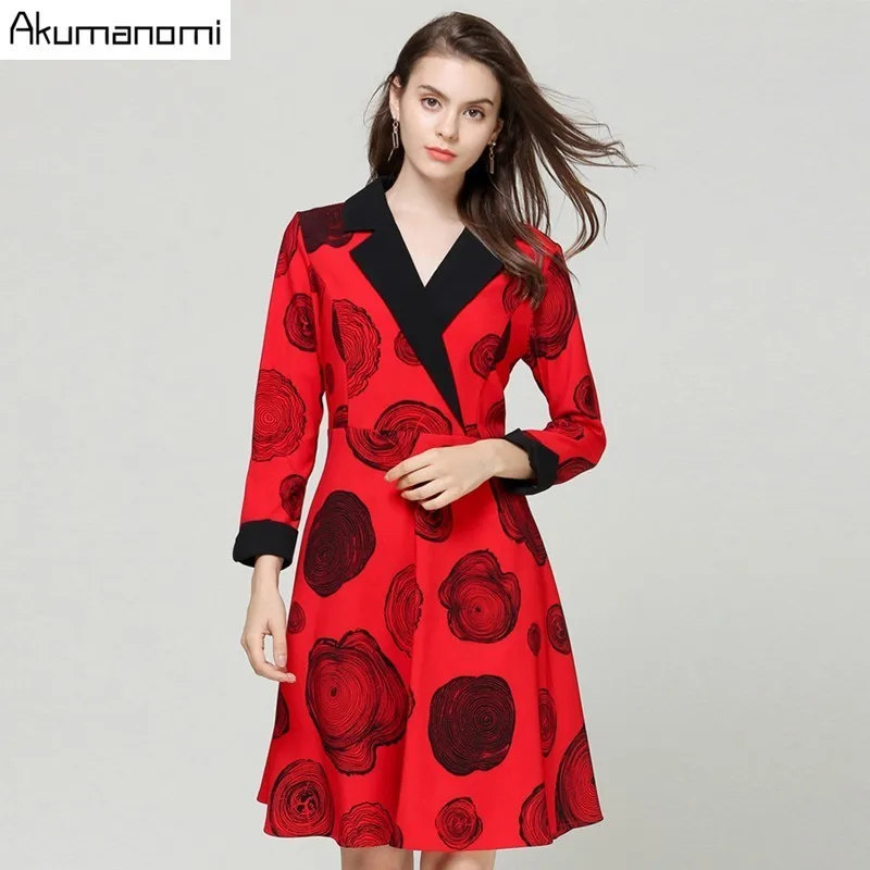 

Autumn Dress Women Clothing Red V-neck Wrist Sleeve Paisley Knee-Length A-line Spring Dress Plus Size 5xL 4XL 3xl 2xl Xl L M