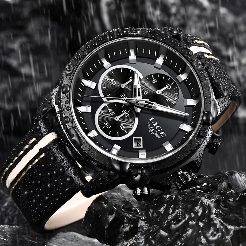 2018 New LIGE Top Watch Men All Black case Casual Leather Quartz Wristwatch Military Waterproof Sopor Watches Relogio Masculino