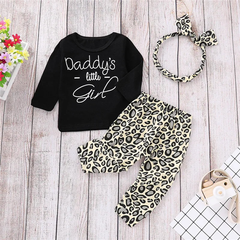 Одежда с леопардовым принтом для маленьких девочек топы для новорожденных, футболка, штаны весенняя одежда комплект одежды из 3 предметов для маленьких девочек, хлопковая повседневная одежда