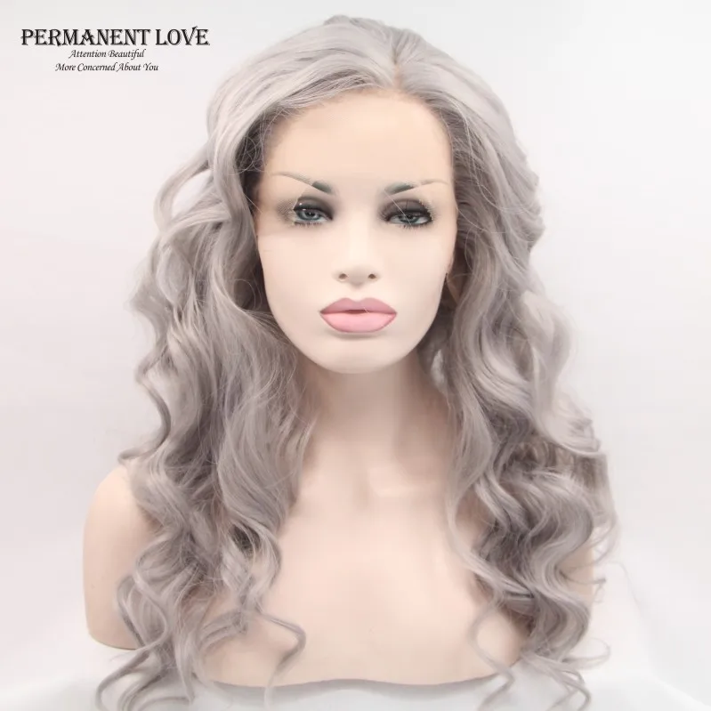 Synthetic hair wigs grey lace front wigs heat resistant silver long
