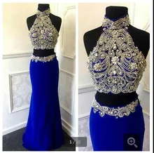 Sexy Meerjungfrau Zweiteiler Prom Kleider High Neck Perlen Silbrig Glänzende Strass Blau Crop Top Abendkleider