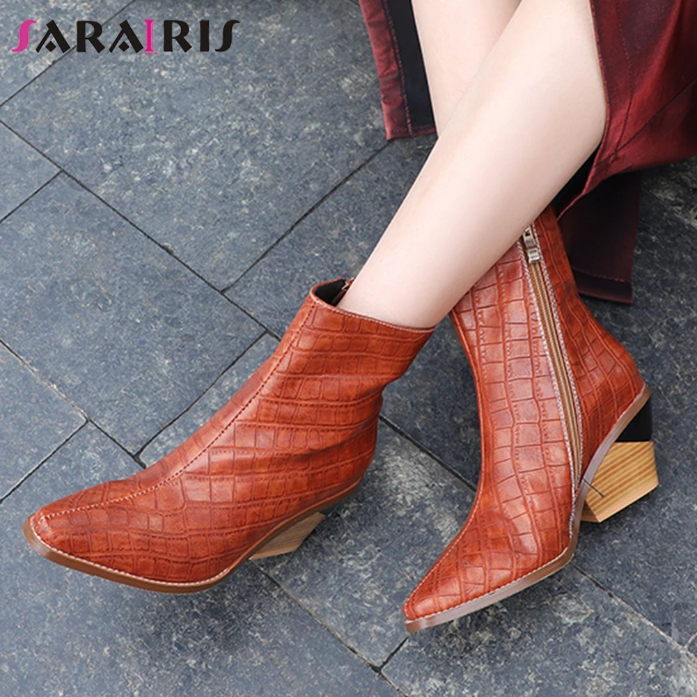 

SARAIRIS Ankle Boots For Women British Strange Wooden Heels Pointed Toe Zippers Short Plush Ankle Boots Woman Size 34-44