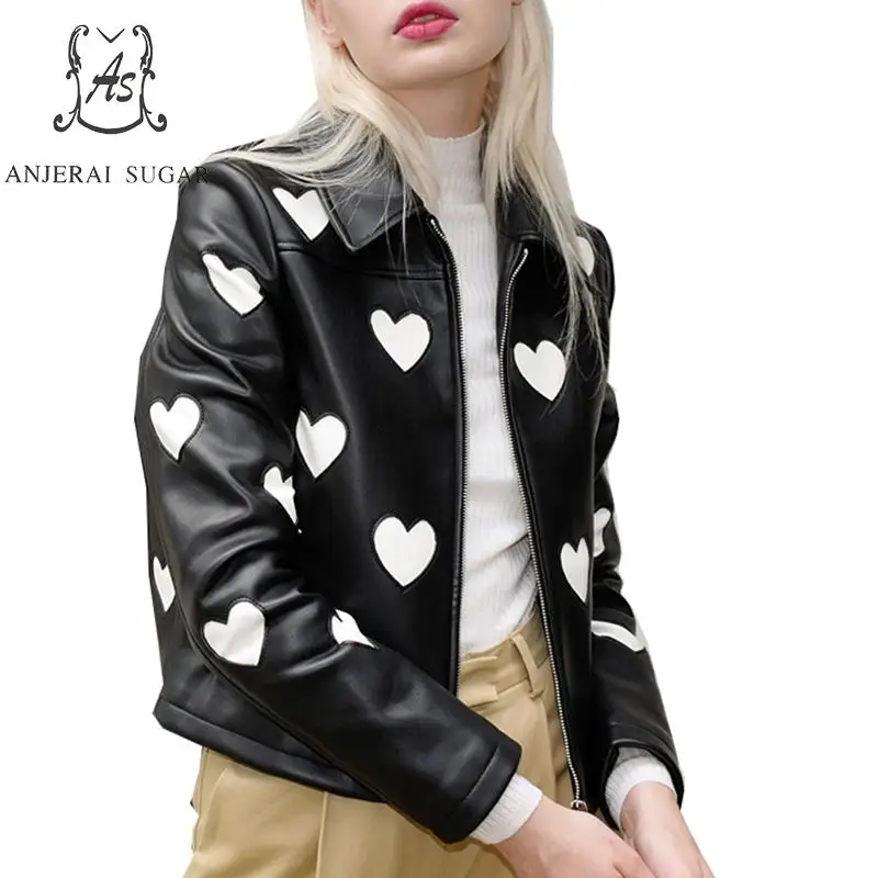 

PU Leather jacket Women coat Faux Leather Black Short Casual Slim stitching white Love motorcycle female Lovely short jackets