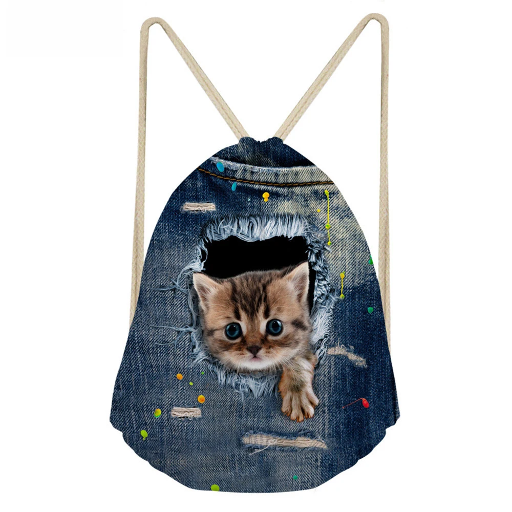 ThiKin 3D Cute Cat Backpack Drawstring Bag Kids Beach Backpack Mochila Cuerda Infantil Shoe Bag Lady