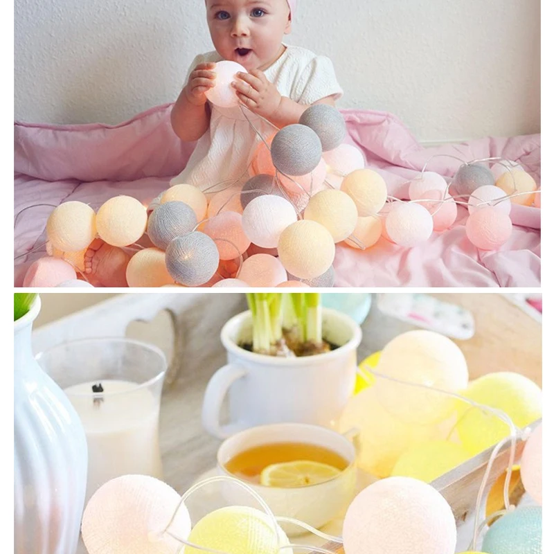 QYJSD LED Cotton Garland Balls String Light Christmas Tree Wedding Birthday Bedroom Babybed Decoration Fairy Lights Accessories