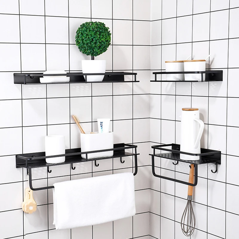 Black bathroom scouring pad rack kitchen sponge drainer racks restroom towel holder cups bottle shelf storage with hooks