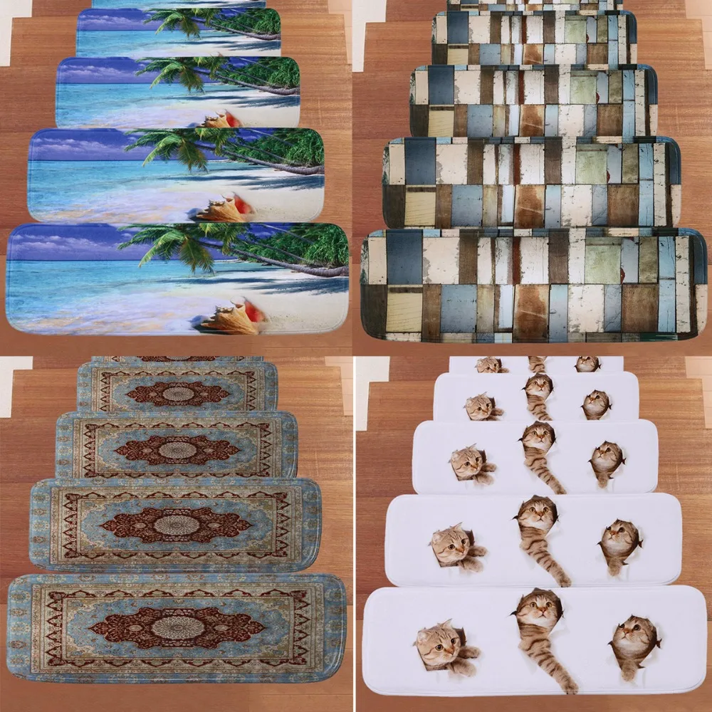 Nosii 5pcs/set Home Stairs Mat Non-slip Floor Carpet Staircase Rug Cat Beach Pattern Treads Protector Doormat Decor Nosii 5pcs/set Home Stairs Mat Non-slip Floor Carpet Staircase Rug Cat Beach Pattern Treads Protector Doormat Decor