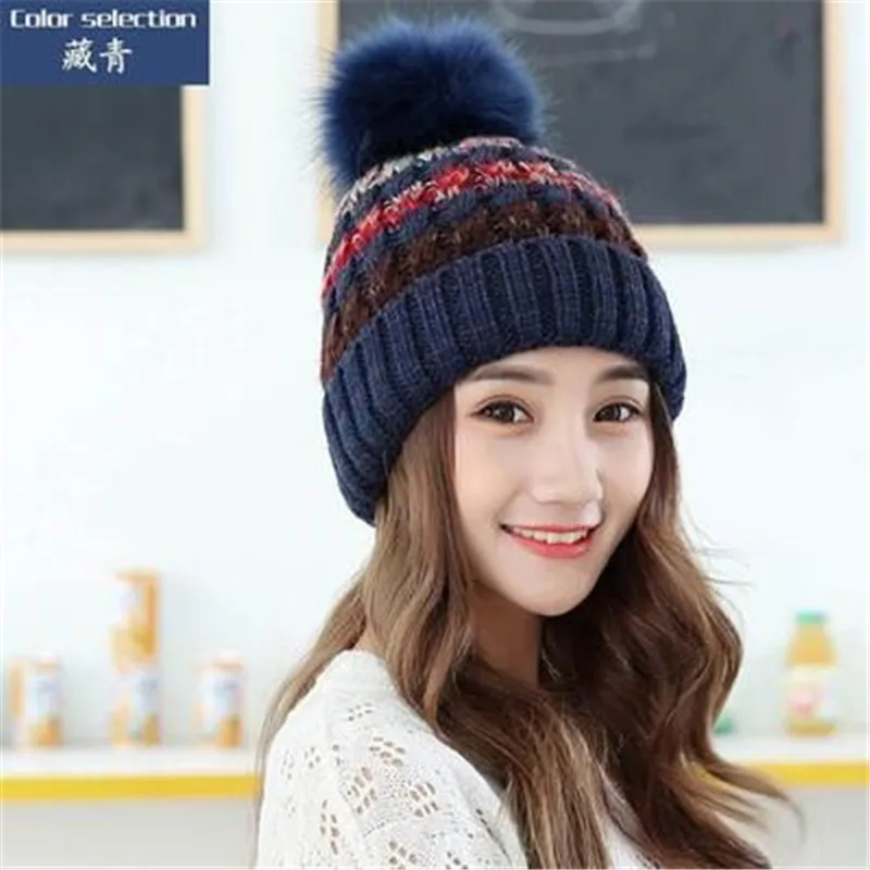 

2017 Knitted Hats for The Winter with 12CM Silver Fox Fur Ball Tops Women Acrylic Russian Cap Beanies Casual Women's Fur Hat