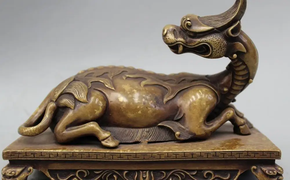 

7" Chinese Folk Feng Shui Pure Bronze Pi Xiu Unicorn Beast Animal Statue