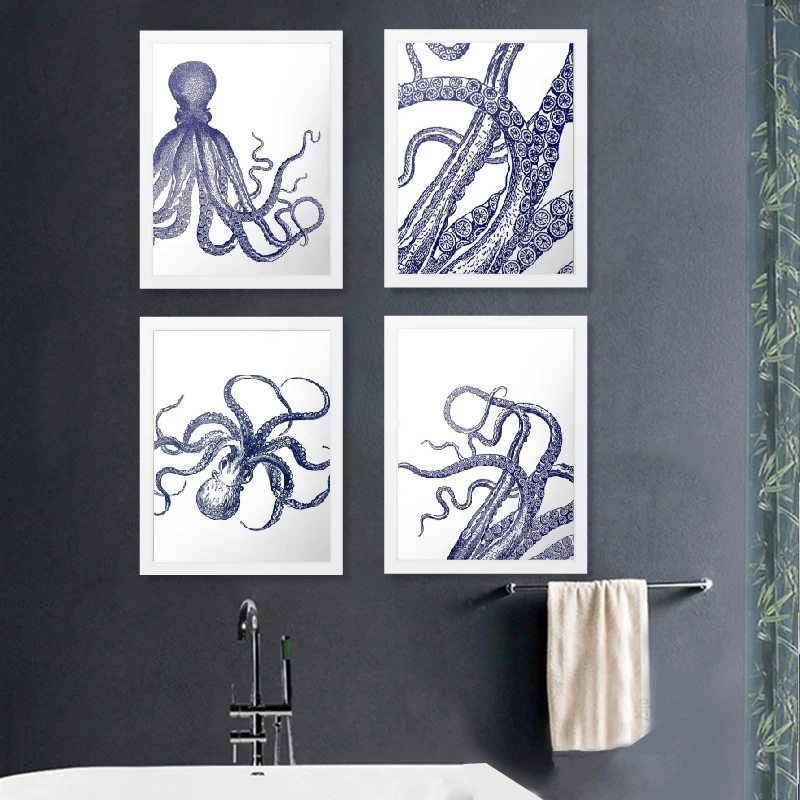 

Octopus Posters and Prints Wall Art Navy Blue Tentacles Kraken Nautical Canvas Painting Vintage Ocean Pictures Bathroom Decor