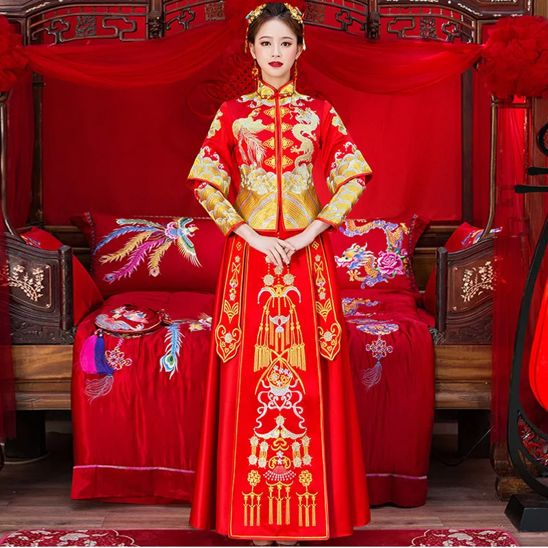 Мода красный Cheongsam долго Qipao свадебное платье китайские традиционные платья Китай Костюмы магазине невесты традиции
