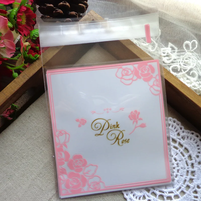 

100pcs Lovely Pink Rose Cookies Biscuits Bags Self-adhesive Wedding Cellophane Bag Cake Candy Gift Bags