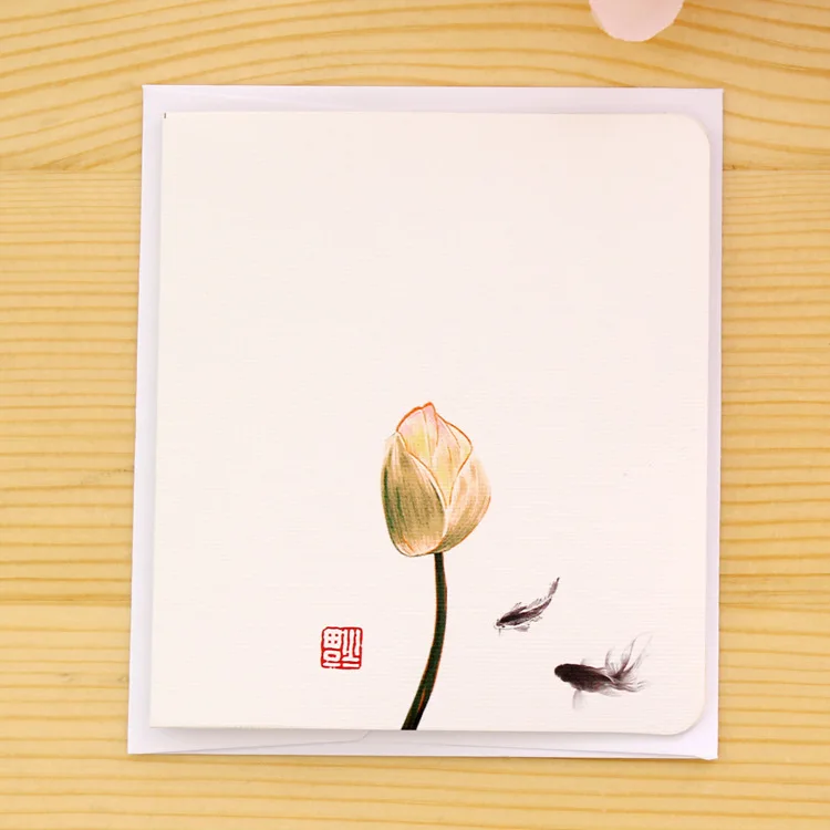 2 шт./лот, красивая китайская живопись, лотос, мини-открытка, открытка на день рождения, письмо, конверт, подарочная карта, набор, открытка E0390 - Цвет: 2x Lotus Fish