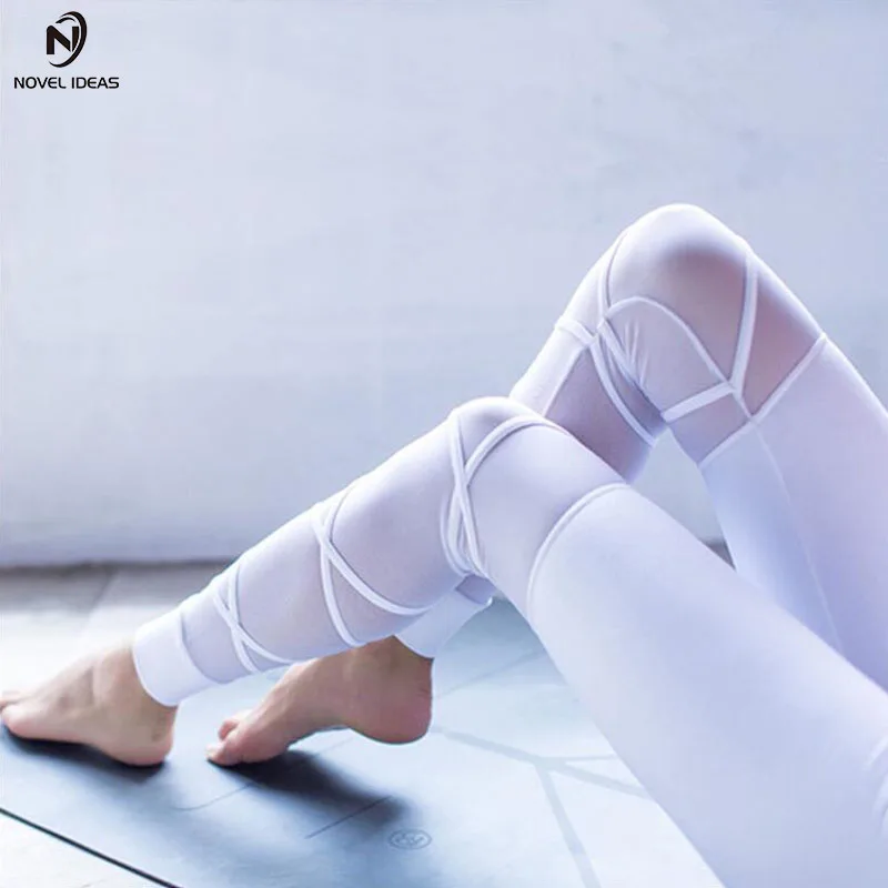 Nylon White Mesh Gym Yoga Leggings Cute Straps Cross Goddess Fitess Legging Sexy Women