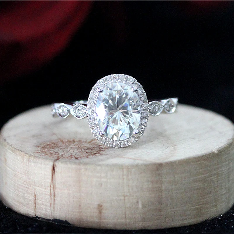 14K White Gold Halo Moissanite Ring 7x9mm 2.0ct Carat Oval Cut Brilliant Moissanite Engagement Ring for Women 14K White Gold Halo Moissanite Ring 7x9mm 2.0ct Carat Oval Cut Brilliant Moissanite Engagement Ring for Women