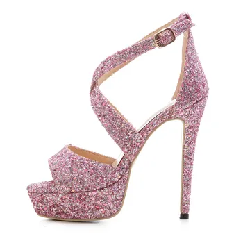 

Glitter cross strap platform sandals sequined cloth cover heel open toe cut out fashion woman shoes for T-stage party wedding