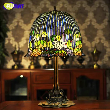 Cheap FUMAT Glass Art Table Lamp Quality European Style Water Lily Bedside Lamp Stained Glass Shade Hotel Bar Living Room Stand Lamps