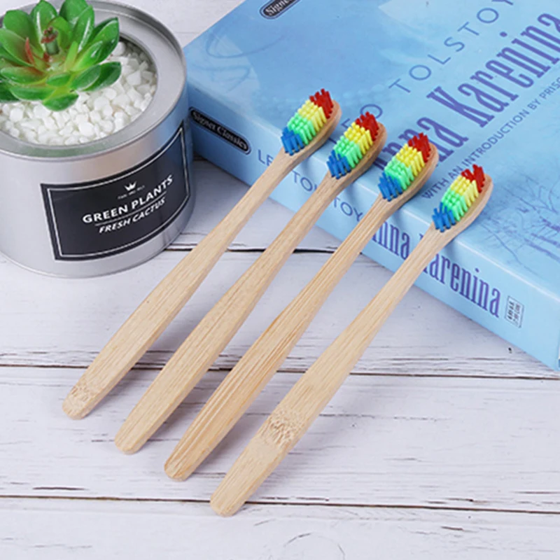 

10 pcs Dropship Colorful Head Bamboo Toothbrush Environment Wooden Rainbow Bamboo Toothbrush Oral Care Soft Bristle