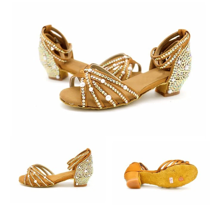 Стразы; атласная обувь для латинских танцев; женская обувь для латинских танцев; 3 см; 3,8 см; 5 см; 7 см; высокий каблук - Цвет: brown 3.8cm
