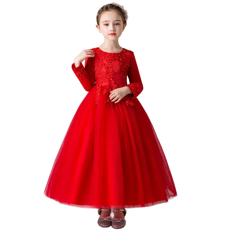 

2019 Girls O-Neck Lace Wedding Dress Kids First Communion Gown For Girls Bead Appliques Party Tulle Princess Birthday Dress D75