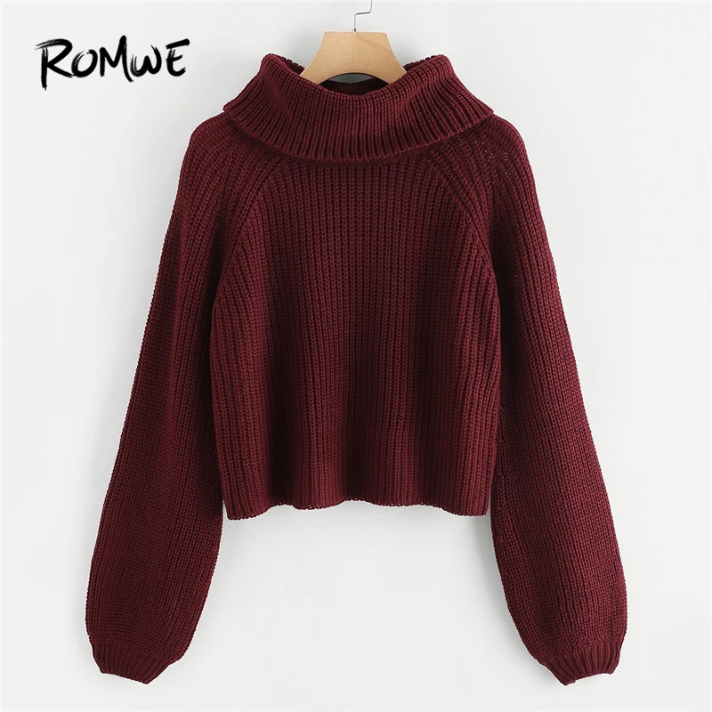 

ROMWE Maroon Rolled Neck Bishop Raglan Sleeve Crop Jumper Womens Sweaters 2019 Winter Fashion Casual Autumn Clothing Pullovers