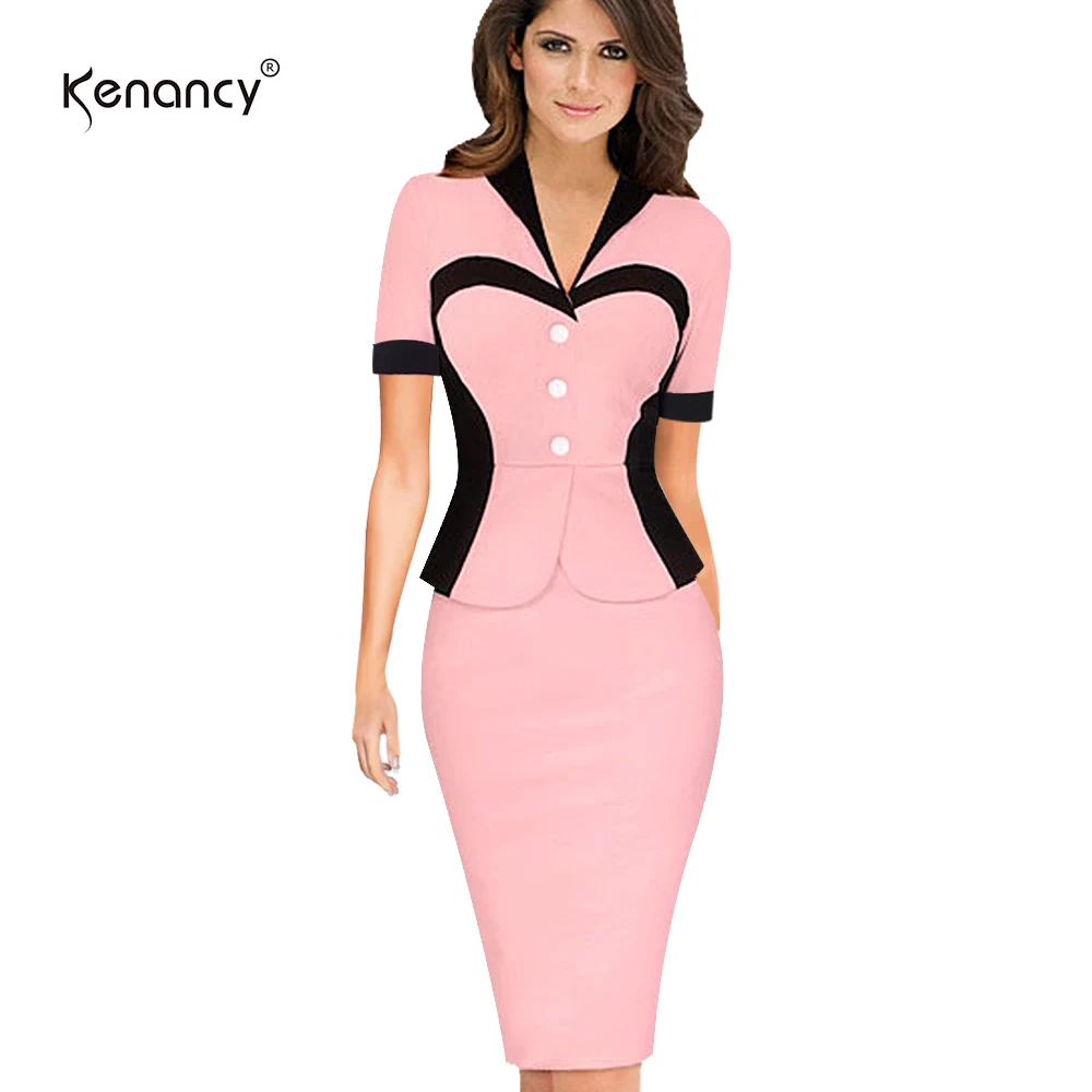Kenancy 3XL размера плюс искусственный Твинсет Платье женское с цветными блоками короткий рукав облегающее до колена карандаш офисное платье Vestidos тонкий - Цвет: pink