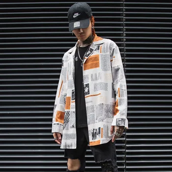 

Male Letter Printing Streetwear Dress Shirt Men High Street Hip Hop Fashion Casual Loose Long Sleeve Shirt