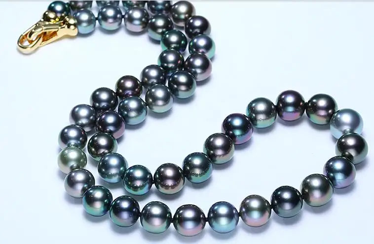

gorgeous AAA 10-12mm freshwater round black green pearl necklace 18inch