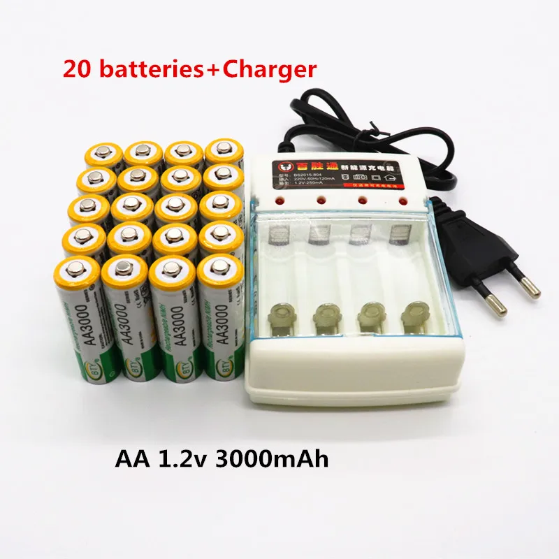 4~ 20 шт Новые AA заряжаемые аккумуляторы 1,2 V AA 3000mAh Ni-MH 2A Baterias для камеры+ зарядное устройство