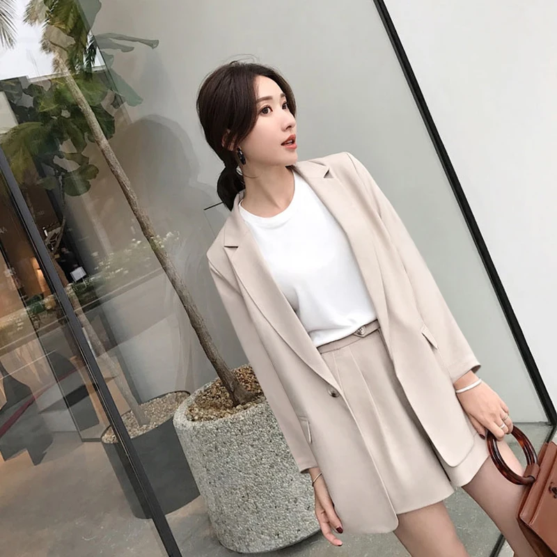 

Summer Women Two Piece Sets Casual Blazer+ Wid Leg Shorts Office Lady Tracksuit Women Ensemble Femme Conjuntos De Mujer