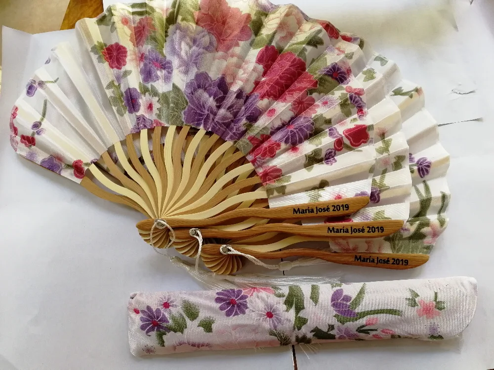 50 шт Персонализированные Cherry Blossom дизайн круглая скатерть складывая руки вентилятор с мешком подарков свадебные подарки для гостей