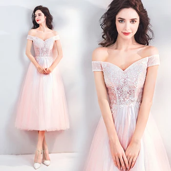 

Summer 2019 Wedding Celebrity Backless Slash Neck Dress Sexy Women Pink Short Lace Beading Beach Style Party Dresses Wholesale