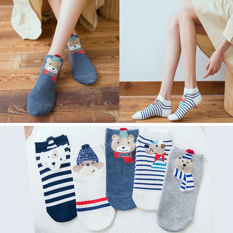 5 пар/уп. Хлопковые женские носки Короткие Носки с рисунком милые носки с ушками для девочек милые укороченные носки Kawaii