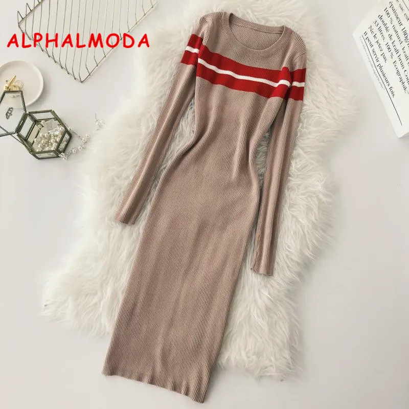 

ALPHALMODA Striped Dress Knitted Women Long-sleeved Dress New Woman Casual Dress Fall of 2018