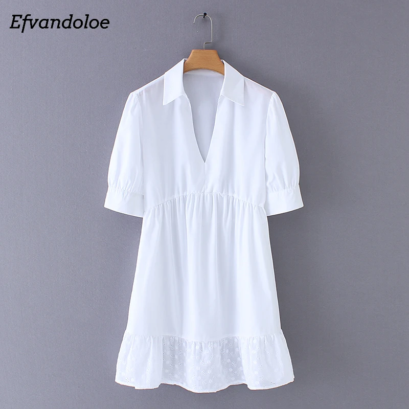 

Efvandoloe White Shirt Dress Women Summer 2019 Casual with Embroidery V Neck Beach Work Short Dresses Clothing Vestidos