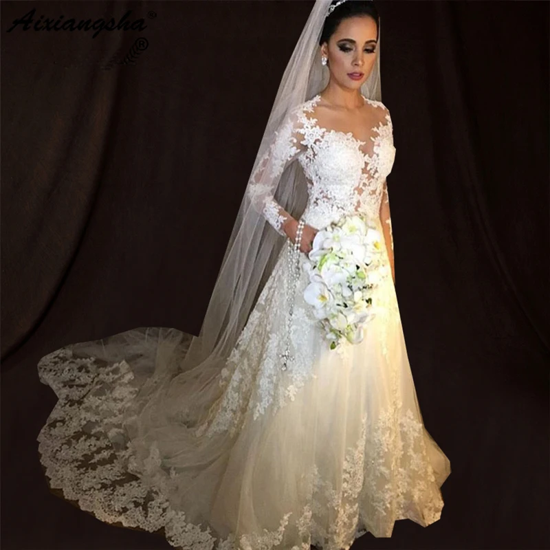 

Vintage White A-line Wedding Dresses 2019 Long Sleeve Wedding Gowns Beading Sheer Nude tulle Bride Dress Robe De Mariee