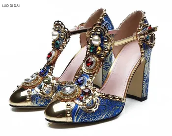

2020 New women chunky heel diamond pumps party shoes blue and white porcelain dress shoes wedding shoes gold toe pumps