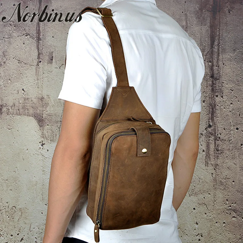 

Genuine Leather Men Sling Chest Bags Cowhide Riding Travel Pack Fashion Assault Water Bottle Bag Crossbody Messenger Bag For Men