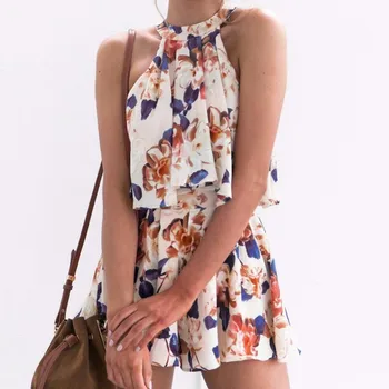 

2 Piece Outfits For Women Floral Sleeveless Halter Survetement Femme 2 Piece Conjunto Feminino Saia E Blusa