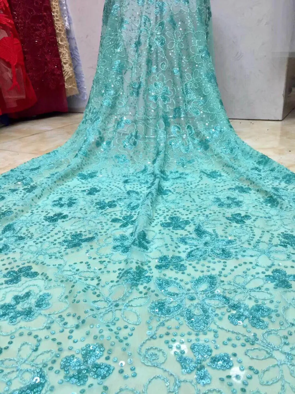 

African Lace Fabric green African Guipure Lace fabric with Sequins High Quality French Lace Sequin Fabric
