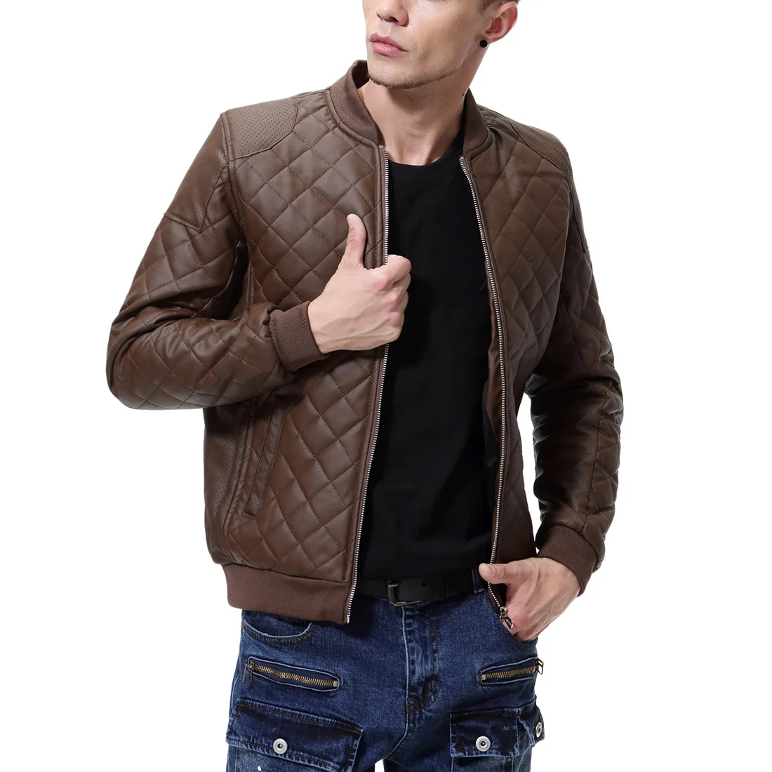 2019 Autumn New England Stand Collar Men's Diamond Wash Leather PU Leather Jacket Coat Baseball Uniform Leather D039