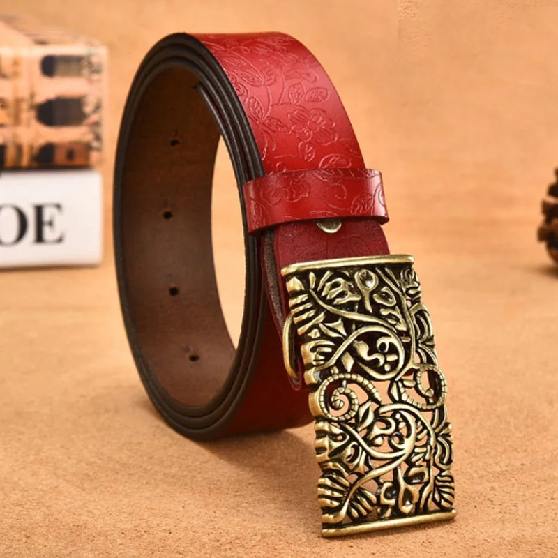 COOLERFIRE Genuine Cowskin Leather Belts For Women Carved Design Retro Metal Women Strap Female High Quality Belts LB015 - Color: red