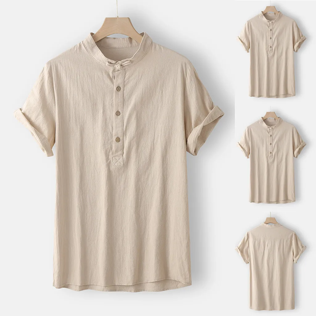 

Men Solid Soft Cotton Linen Casual Shirts Summer Fashion Short Sleeve Shirts Man Male Loose Shirt Clothes Top M-3XL stand collar